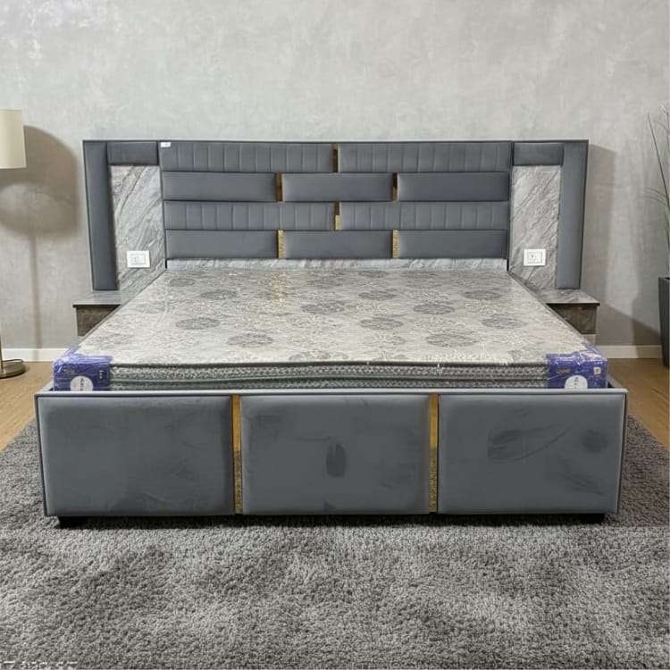 Grey Designer King Size Bed with Upholstered Headboard and Storage